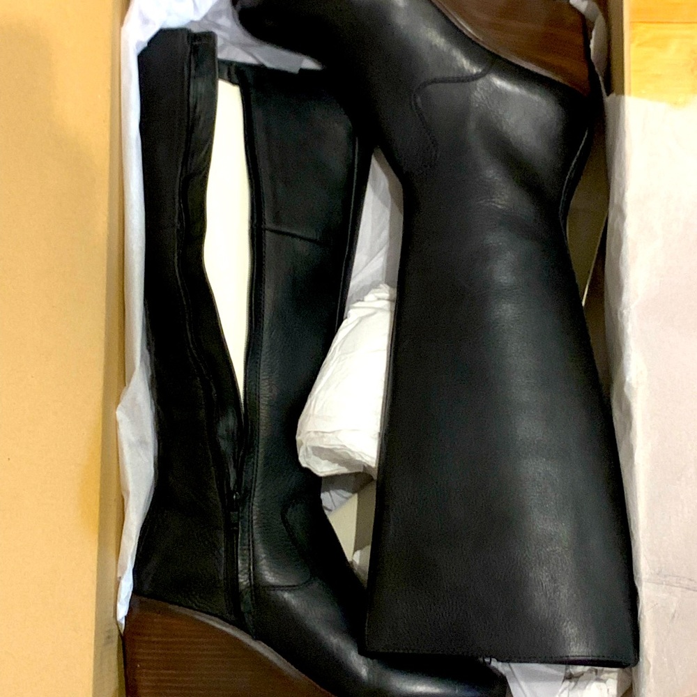 Black Leather knee high wedge boots by Clarks -Size 8.5